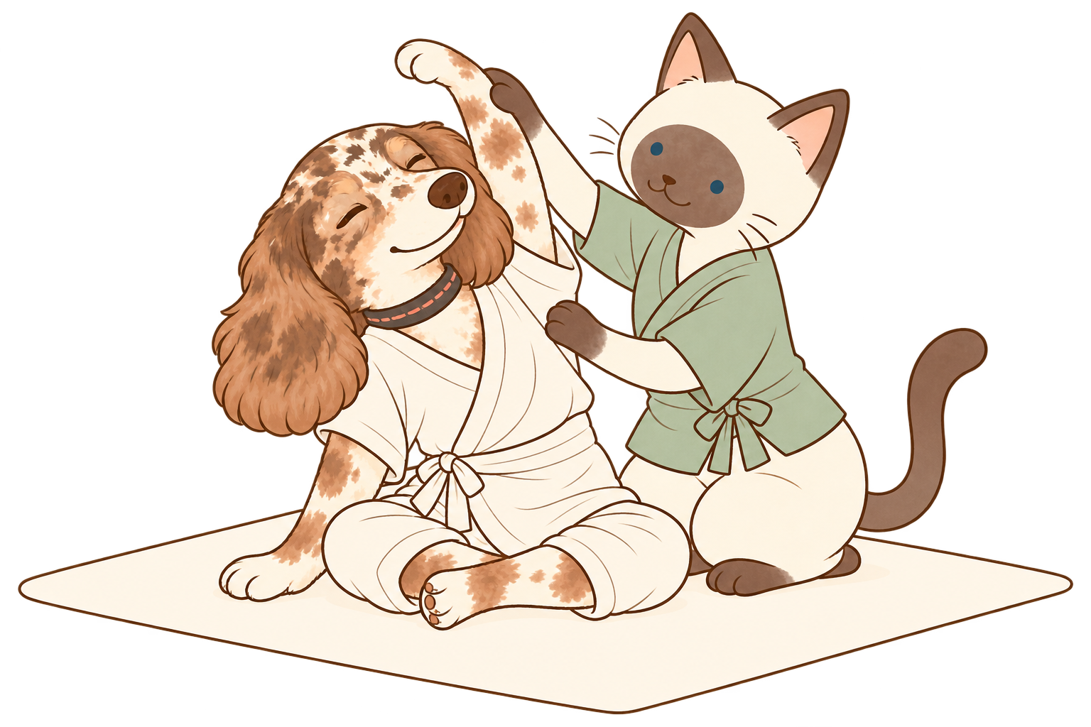 シャム猫がニコの前足を持ち上げ、上半身をやさしく伸ばすタイ古式マッサージのイラスト
