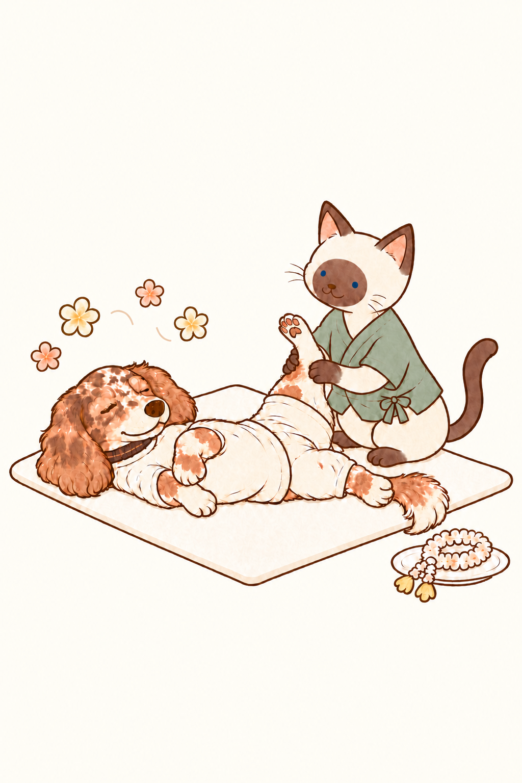 ニコがシャム猫にマットの上で足を伸ばしてもらう、絵本風のタイマッサージのイラスト。そばの小皿にはタイの花輪。